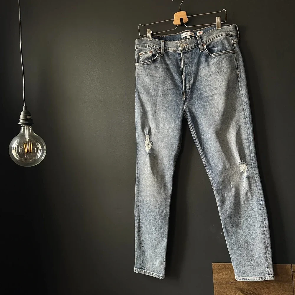 RE/DONE High Rise Ankle Crop Skinny Denim Jeans Blue Distressed Size 31